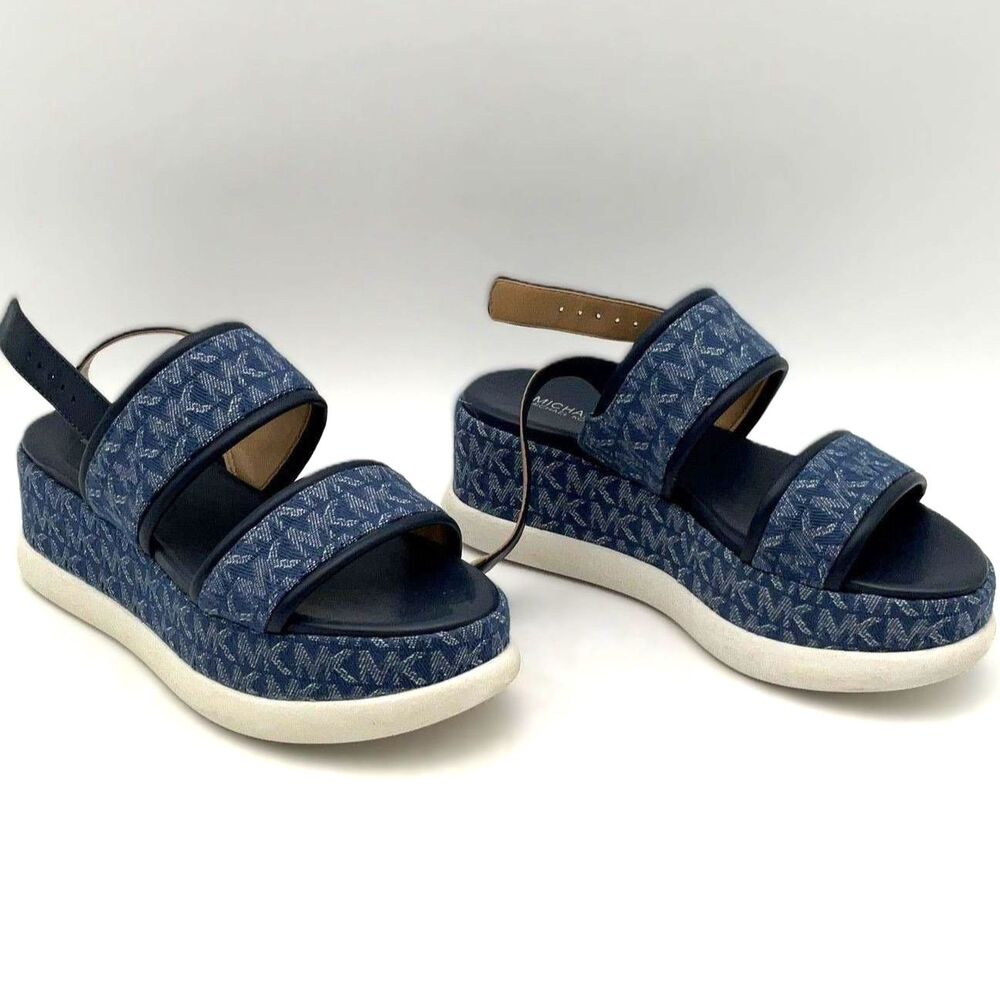 MICHAEL Michael Kors Presley Navy Blue Monogram Wedge Sandals size 6